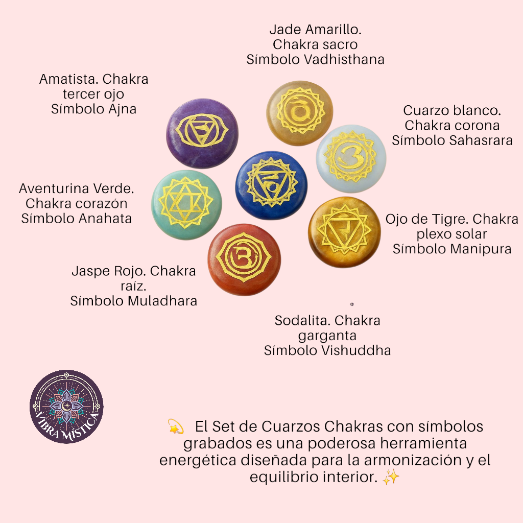 Set de Cuarzos Chakras con símbolos grabados.