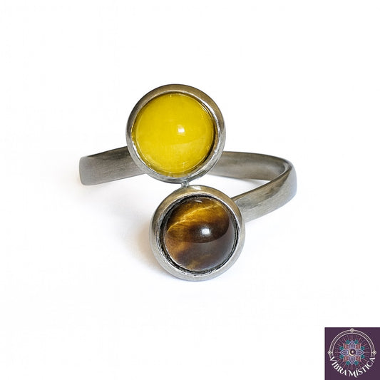Anillo de jaspe y aventurina amarilla - vista frontal con piedras naturales para sabiduría y vitalidad