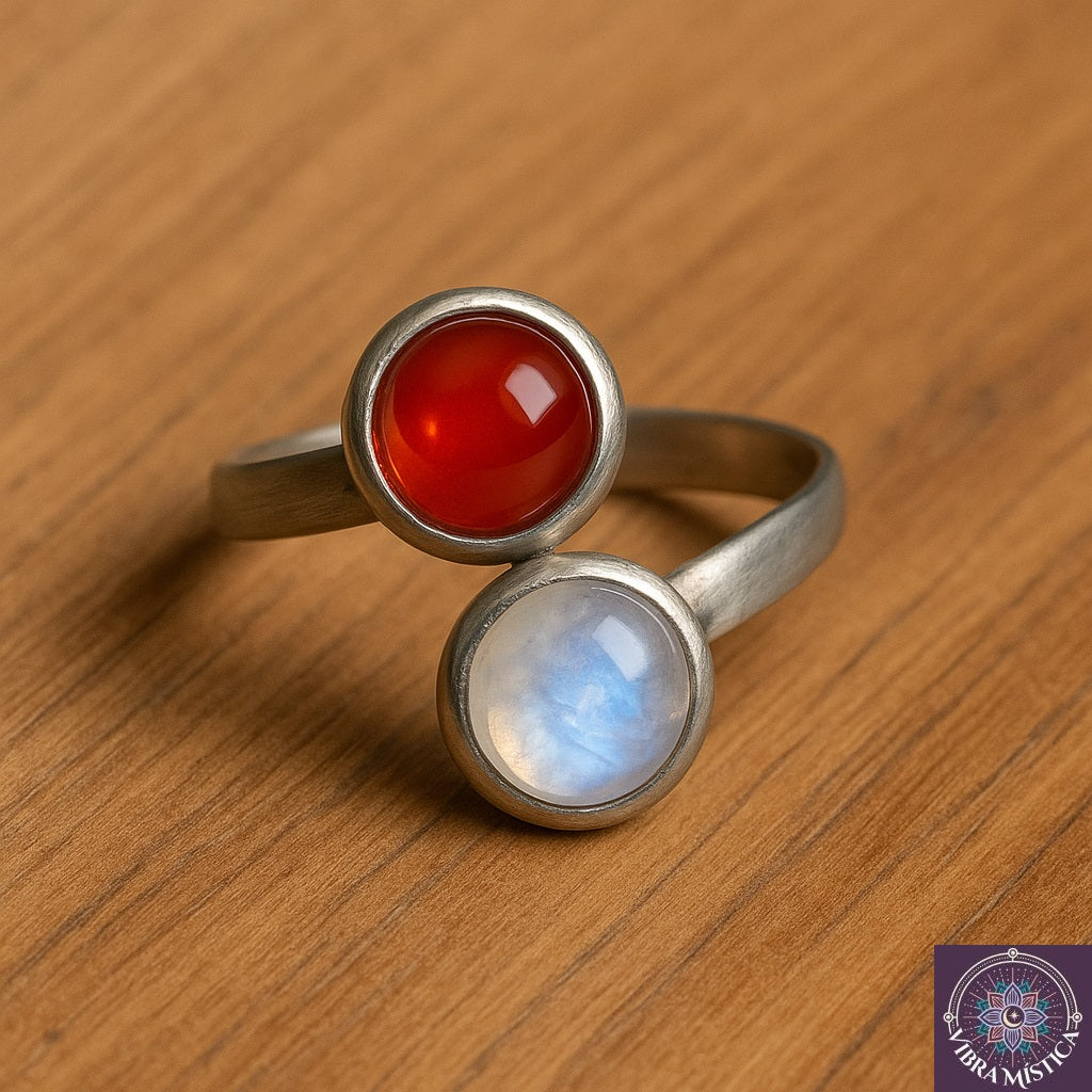 Detalle de piedras naturales ópalo y ágata roja en anillo de plata