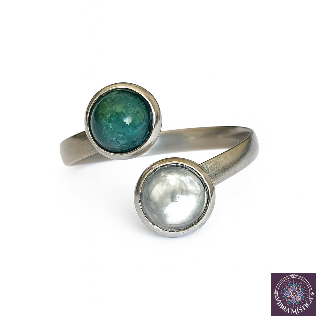 Anillo de turquesa blanca y ágata india - vista frontal con piedras naturales para protección y equilibrio