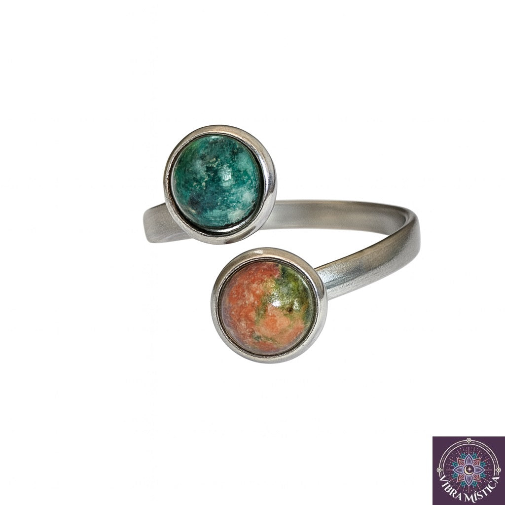 Anillo de unakita y jaspe pino africano - vista frontal con piedras naturales para sanación y armonía