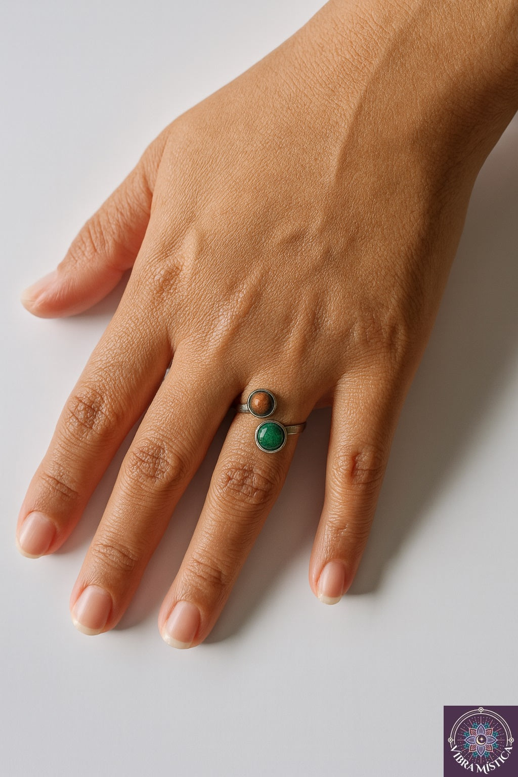 Anillo espiritual con unakita y jaspe pino africano - joyería boho hecha a mano
