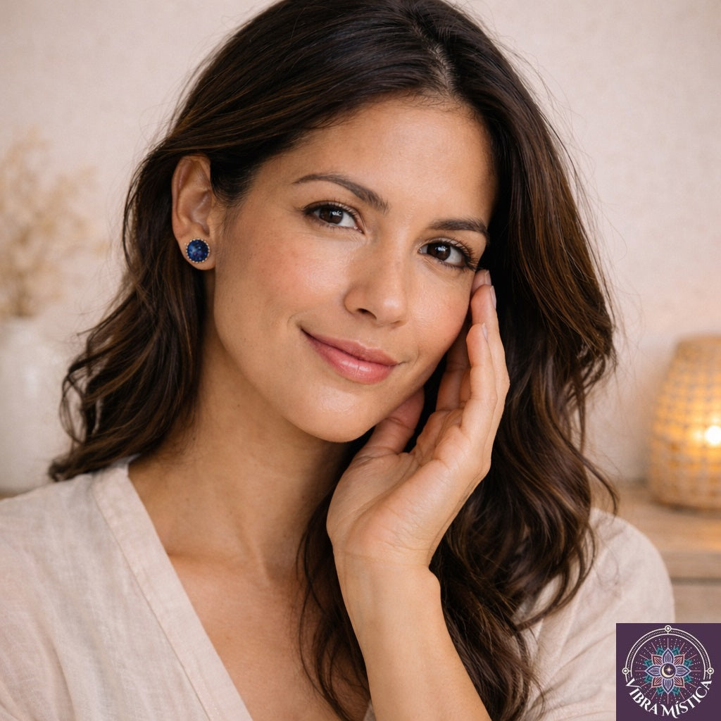 Par de aretes de piedra dorada azul - joyería energética bohemia Vibra Mística