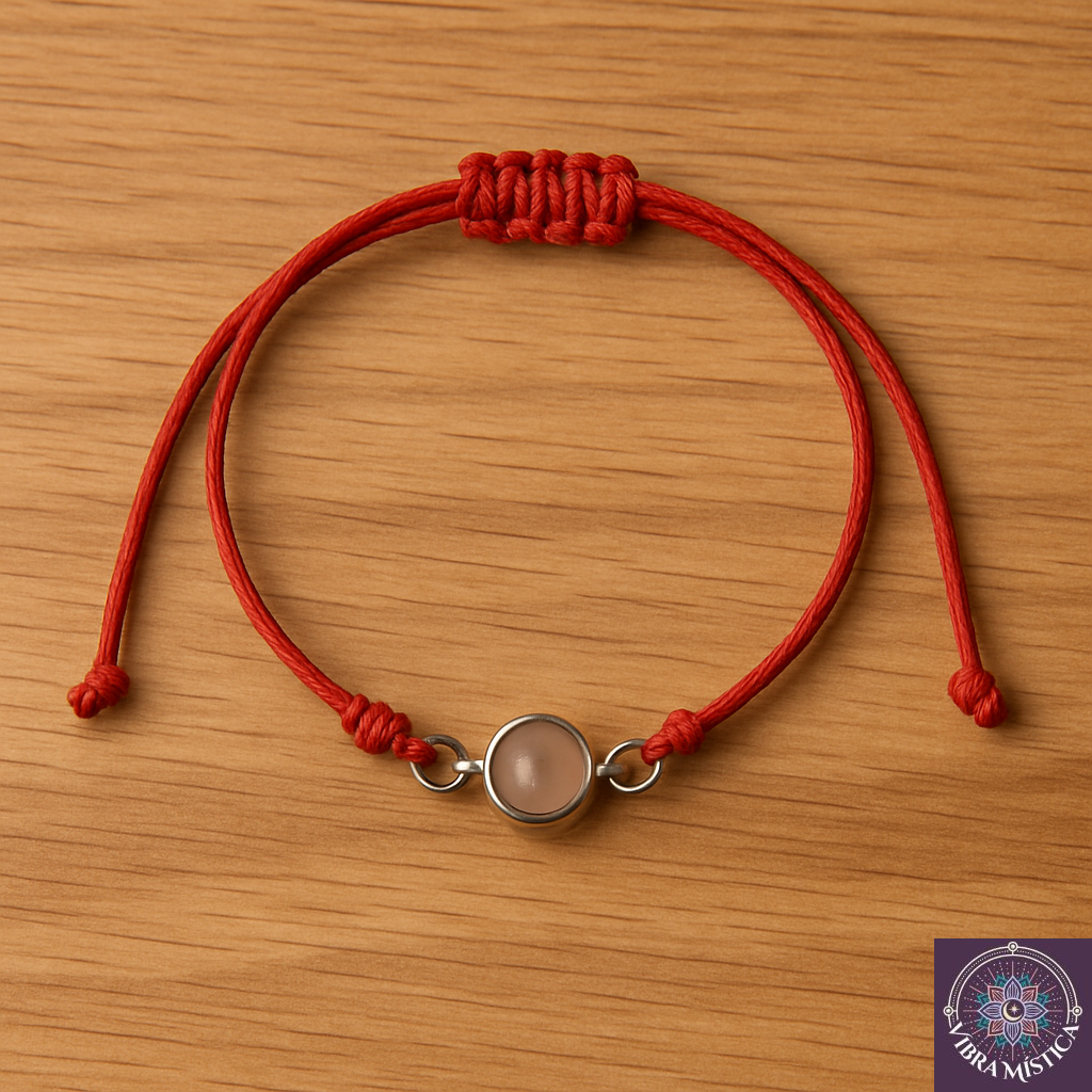 Detalle de pulsera artesanal de cuarzo rosa mostrando textura de piedras naturales