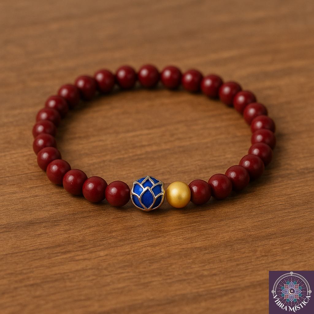 Detalle de pulsera artesanal con dije flor de loto tallada en piedra roja