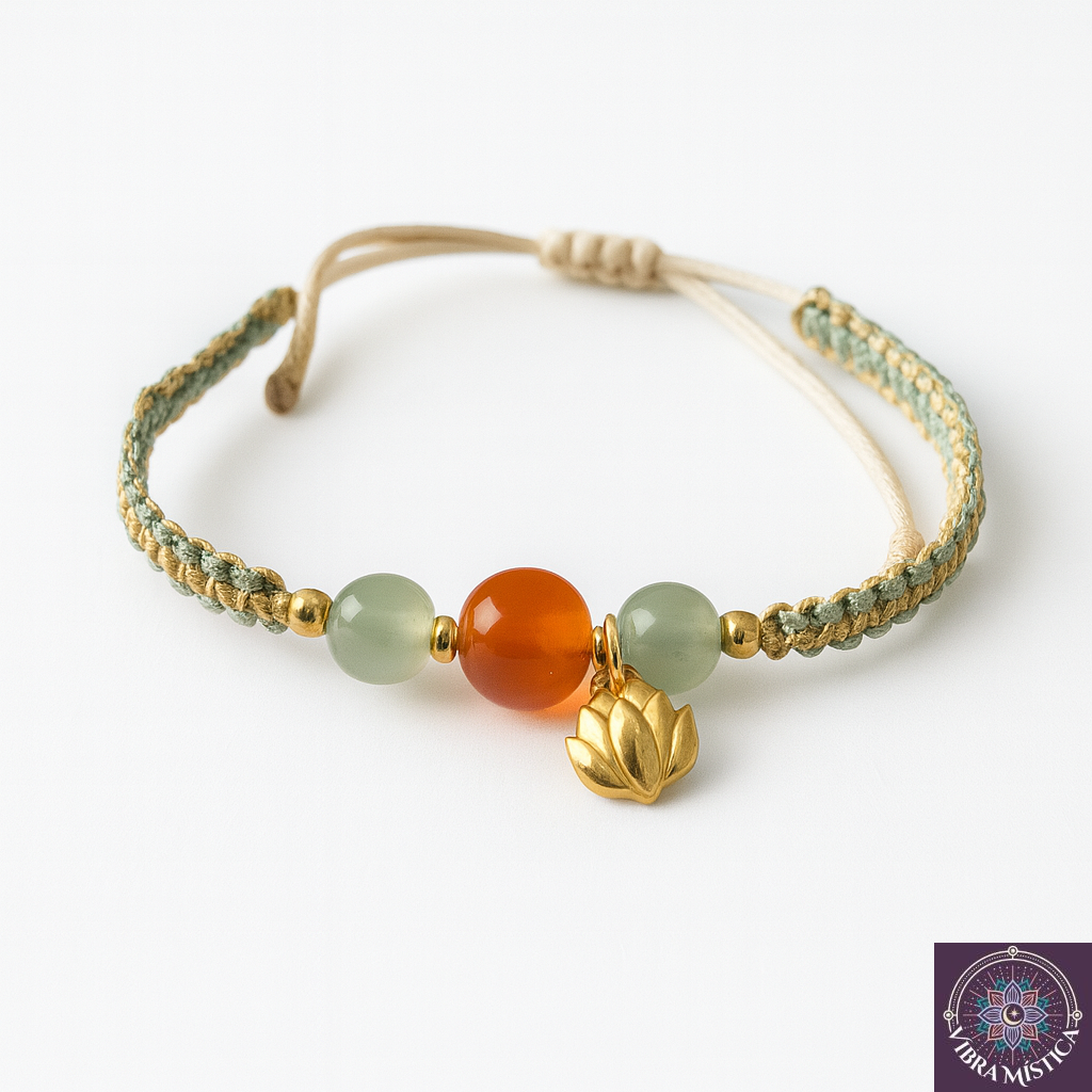 Pulsera flor de loto verde jade con cordón ajustable sobre fondo blanco