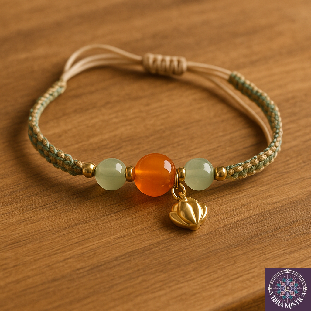 Detalle de pulsera artesanal con dije flor de loto tallada en piedra verde