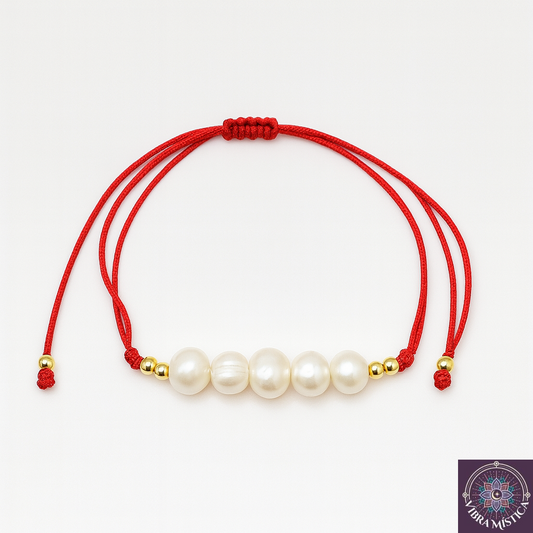 Pulsera de hilo rojo con perlas naturales blancas sobre fondo blanco