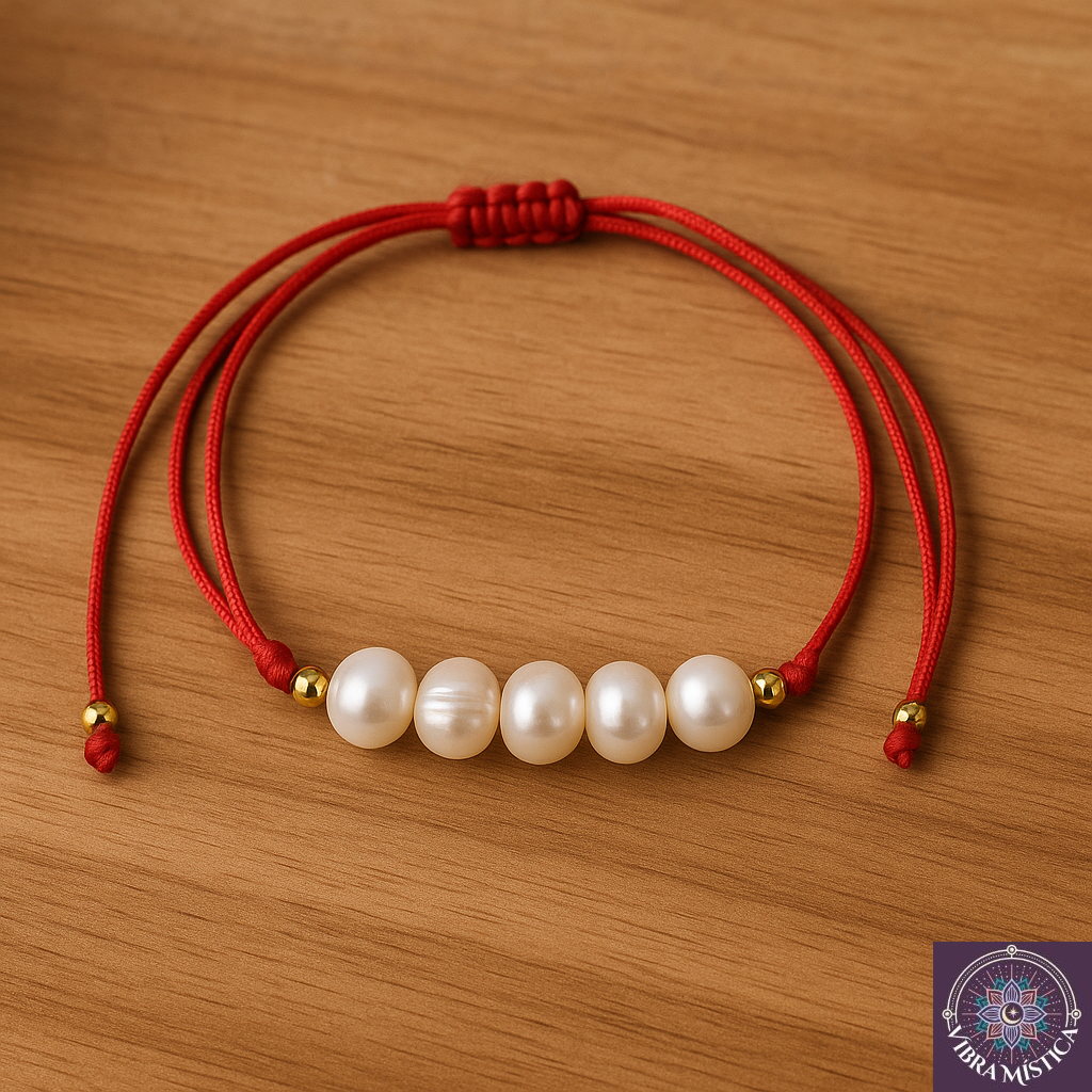 Detalle de pulsera artesanal hilo rojo trenzado con perlas de agua dulce