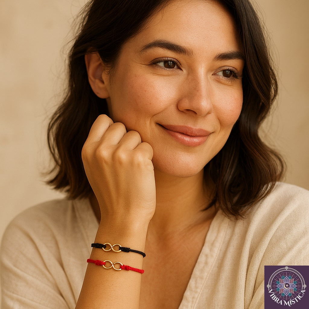 Pulsera hilo rojo y negro con infinito para unión y equilibrio