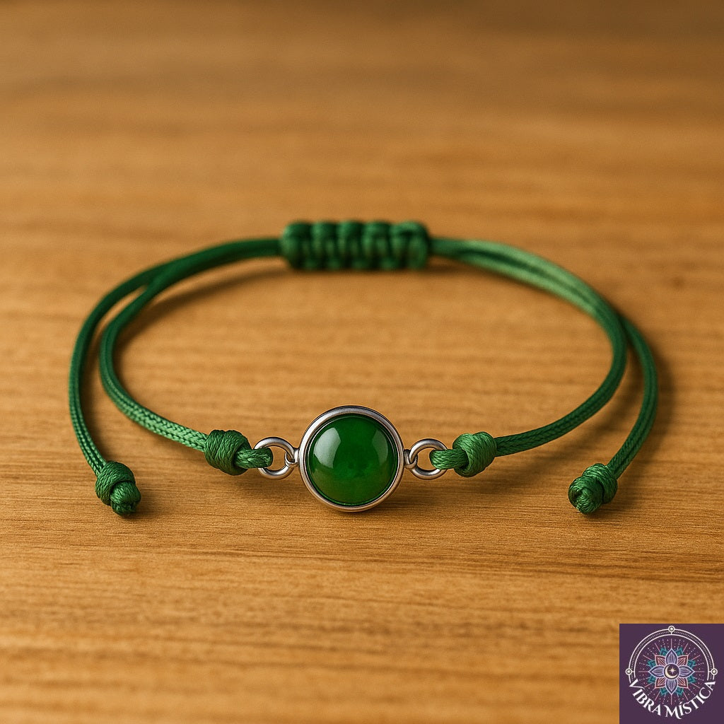 Detalle de pulsera artesanal de jade verde mostrando piedras naturales