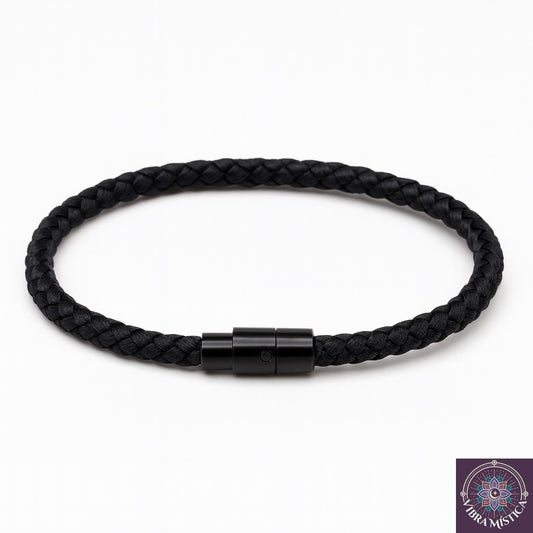 Detalle de pulsera mística roja con cierre magnético negro premium