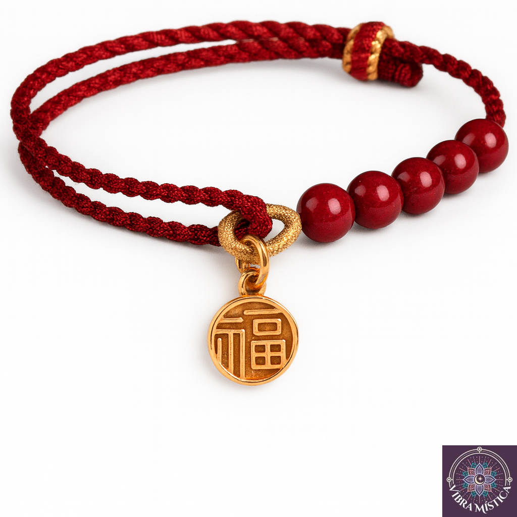 Pulsera roja de cinabrio con símbolo chino Fu de la suerte sobre fondo blanco