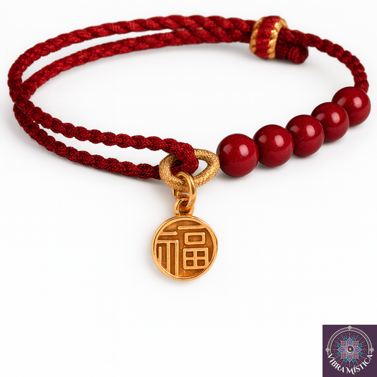 Pulsera roja de cinabrio con símbolo chino Fu de la suerte sobre fondo blanco
