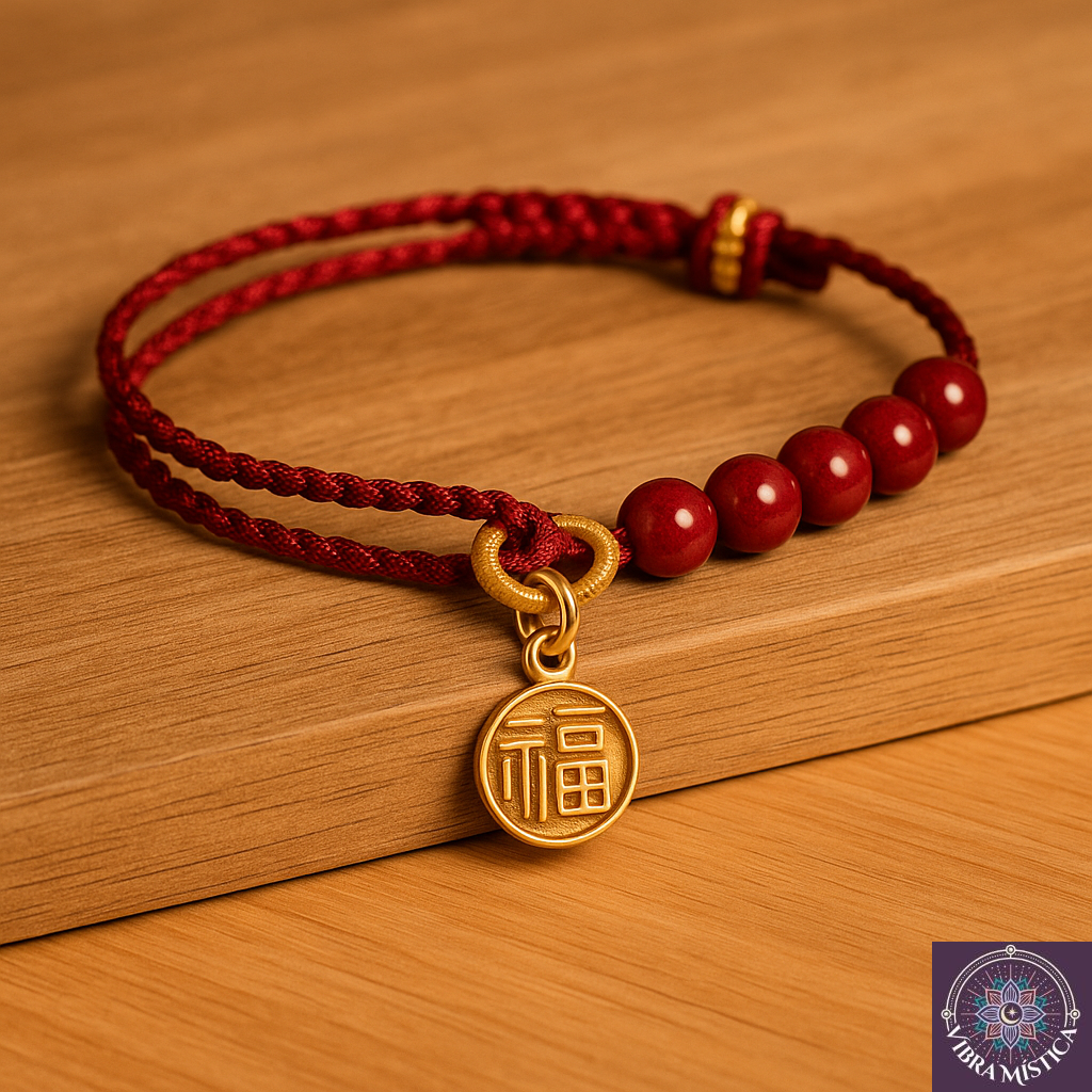 Detalle de pulsera artesanal cinabrio rojo con carácter Fu tallado en piedra