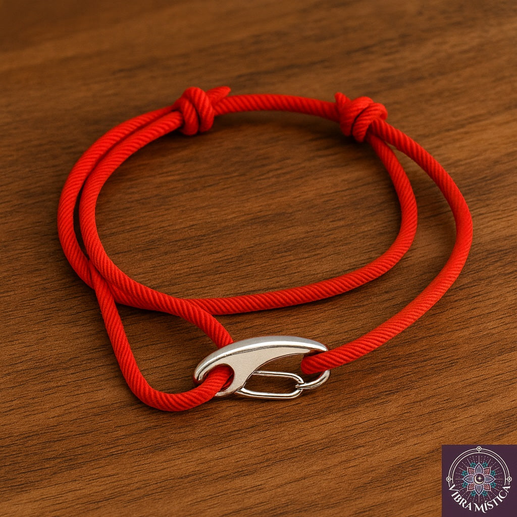 Detalle de pulsera hilo rojo resistente con cierre de gancho metálico