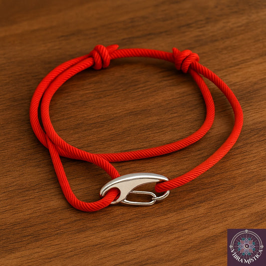 Detalle de pulsera hilo rojo resistente con cierre de gancho metálico