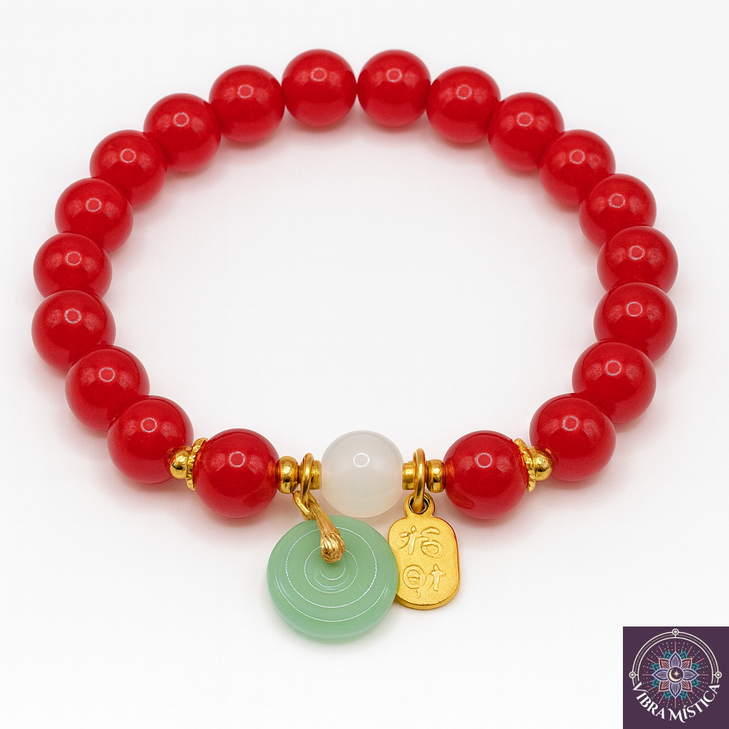 Pulsera roja con cuentas de jade natural verde sobre fondo blanco