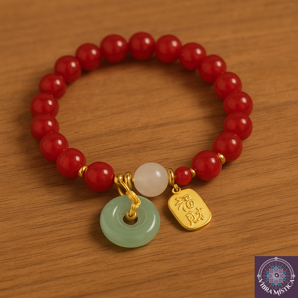 Detalle de pulsera artesanal roja con piedras jade natural para prosperidad