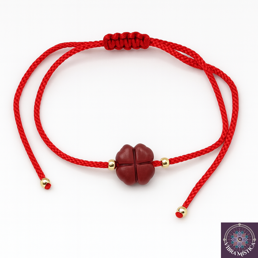 Pulsera trébol de cuatro hojas con cinabrio y cordón rojo sobre fondo blanco