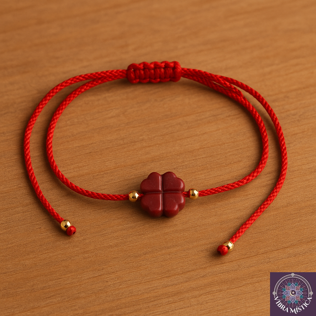 Detalle de amuleto trébol con piedra cinabrio roja en pulsera artesanal