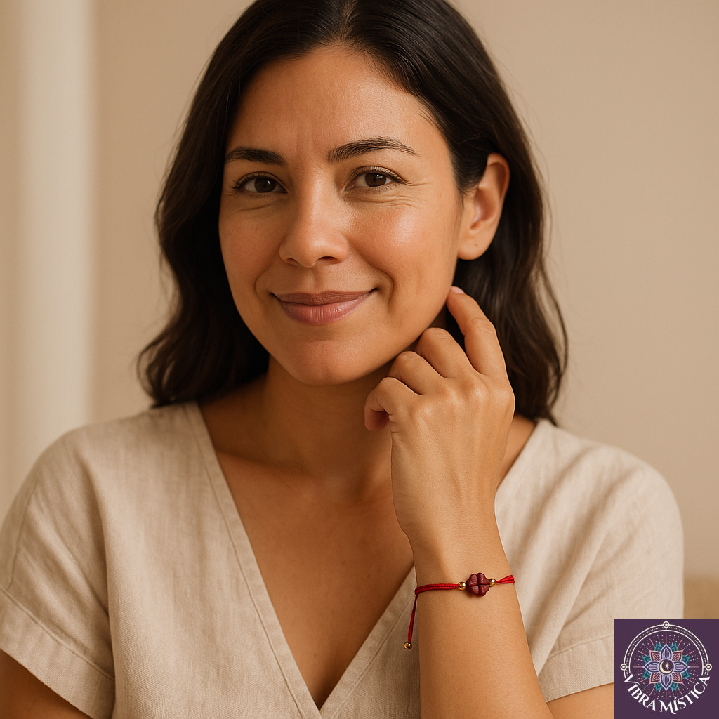 Pulsera de la suerte con trébol y cinabrio para protección energética