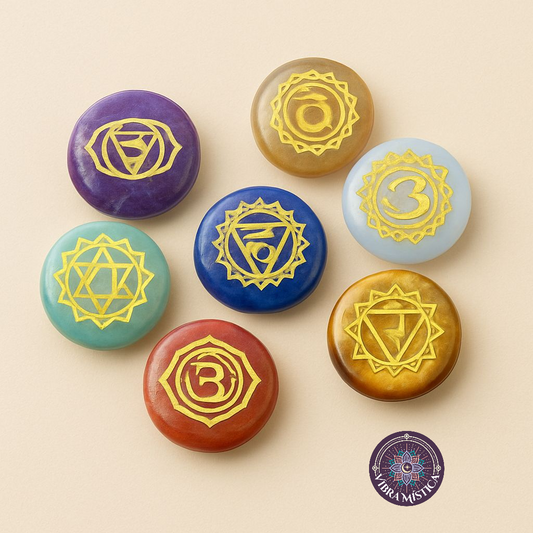 Set de Cuarzos Chakras con símbolos grabados.